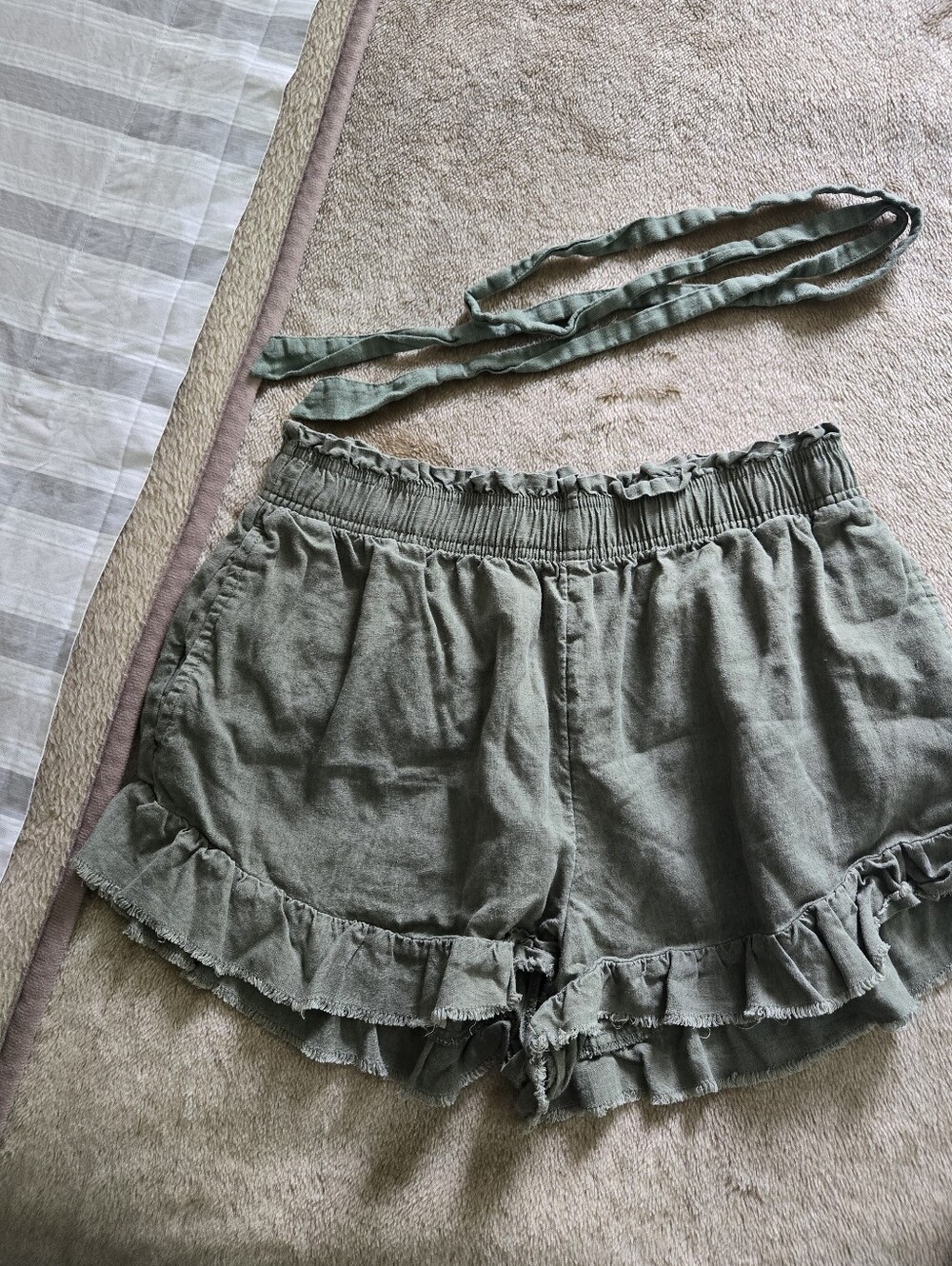 Aerie Olive Green Shorts With Ruffle Hem & Tie M